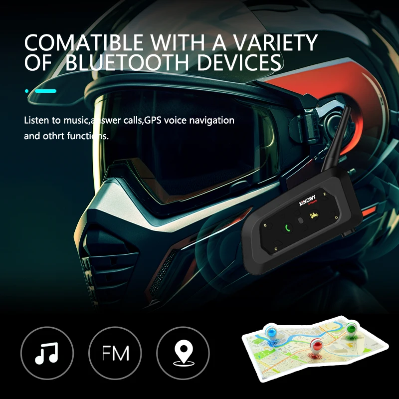 XINOWY V6 PRO 3.5mm Bluetooth Helmet Intercom Headset 800M Interphone Communicator for 6 Riders Music Player Waterproof IP65