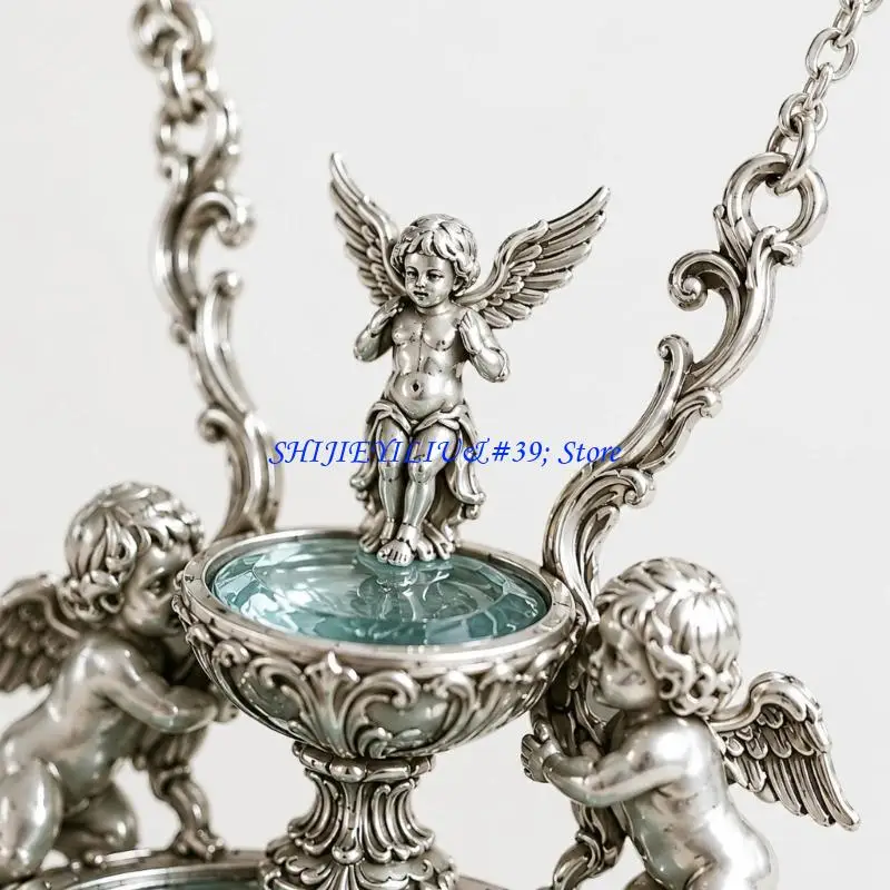 E21F Silver-Tone Alloy Pendant Necklace with Ornate Fountain Design