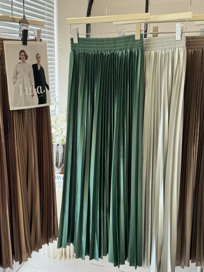 iny Satin-Plissee-A-Linien-Rock für Damen, Frühling und Herbst, schlankmachendes langes F-Länge-Kleid, Dra Ele Pendeln, Freizeitkleidung