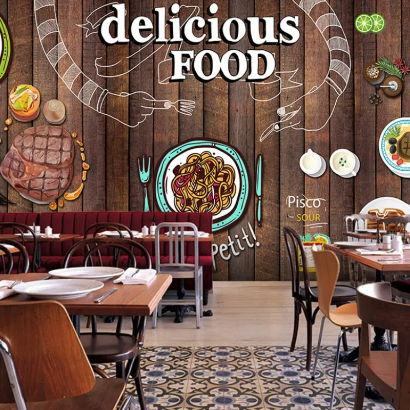 Western Restaurant Spaghetti Steak Pizza Dining Mural Wall Paper 3D Dark Brown Wood Board Textured Industrial Decor Wallpaper 3D