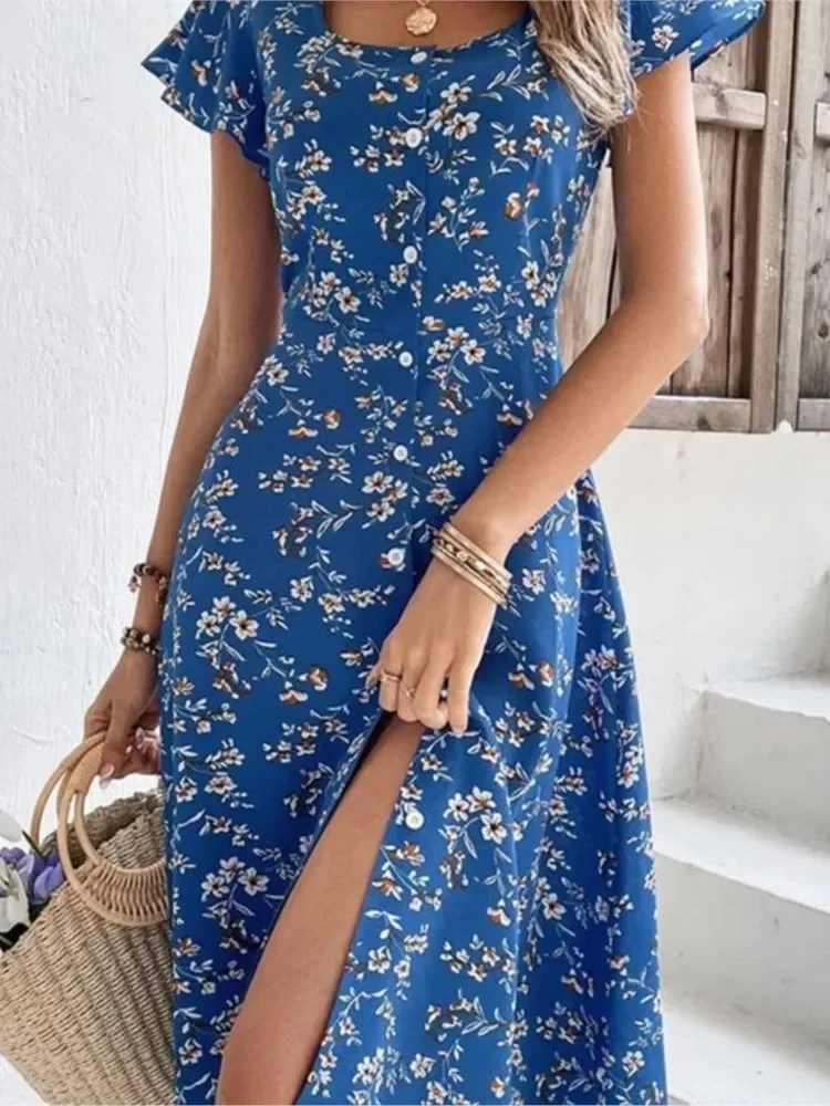 Verão boho vestido de flor para as mulheres nova moda pescoço quadrado manga alargamento midi vestido mulher férias praia casual camisa vestidos