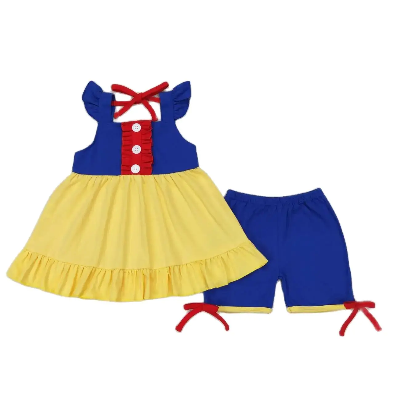 

GSSO0967 Kids Girls Summer Outfit Sets Flying Sleeves Top Red Lace Blue Yellow Print With Shorts Children Clothes