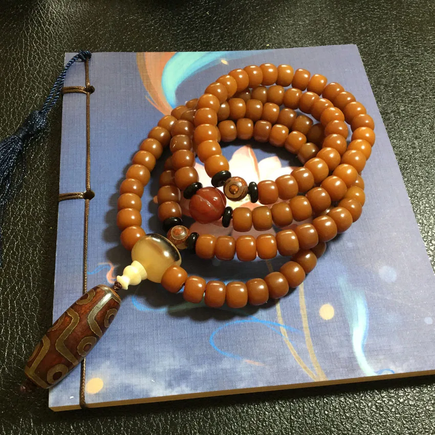 Natural 108 Beads Beeswax Buddhist Buddha Bracelet Meditation Prayer Bead Mala Bracelet Women Men Rosary Nine-eyed Agate Jewelry