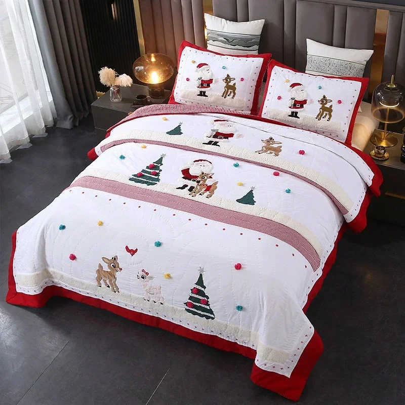 Christmas Handmade Applique Bedspread Set for Kids Cotton Quilt Set 3-pieces Summer Comforter Quilted Patchwork Bed Cover Colcha