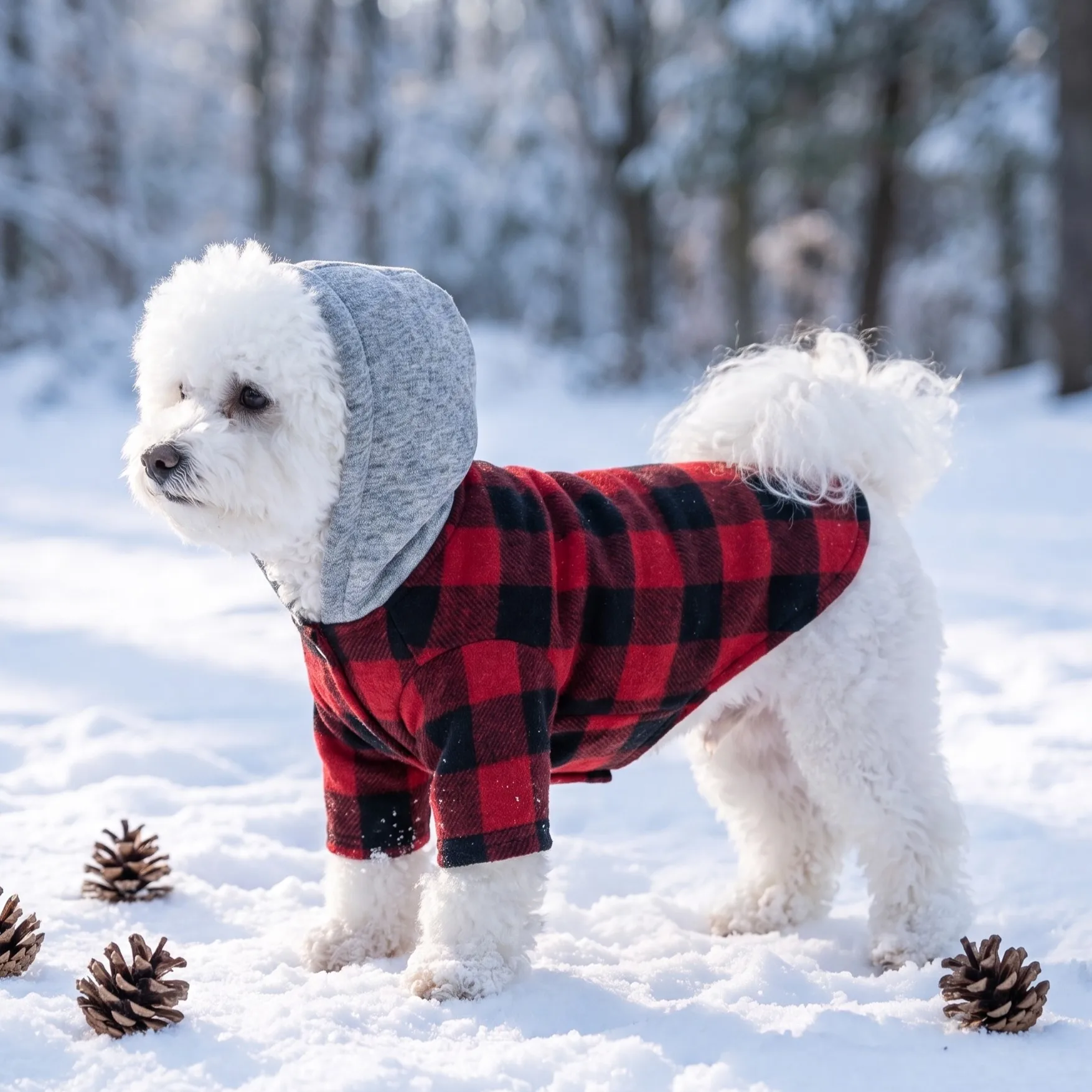 Kleidung für Hunde im Karomuster, Kapuzenjacke für Haustiere, Strickjacke mit Knöpfen für Hunde, Karo-Kapuzenjacke für Haustiere, Oberteil für Hunde mit Tasche. – Detail 5