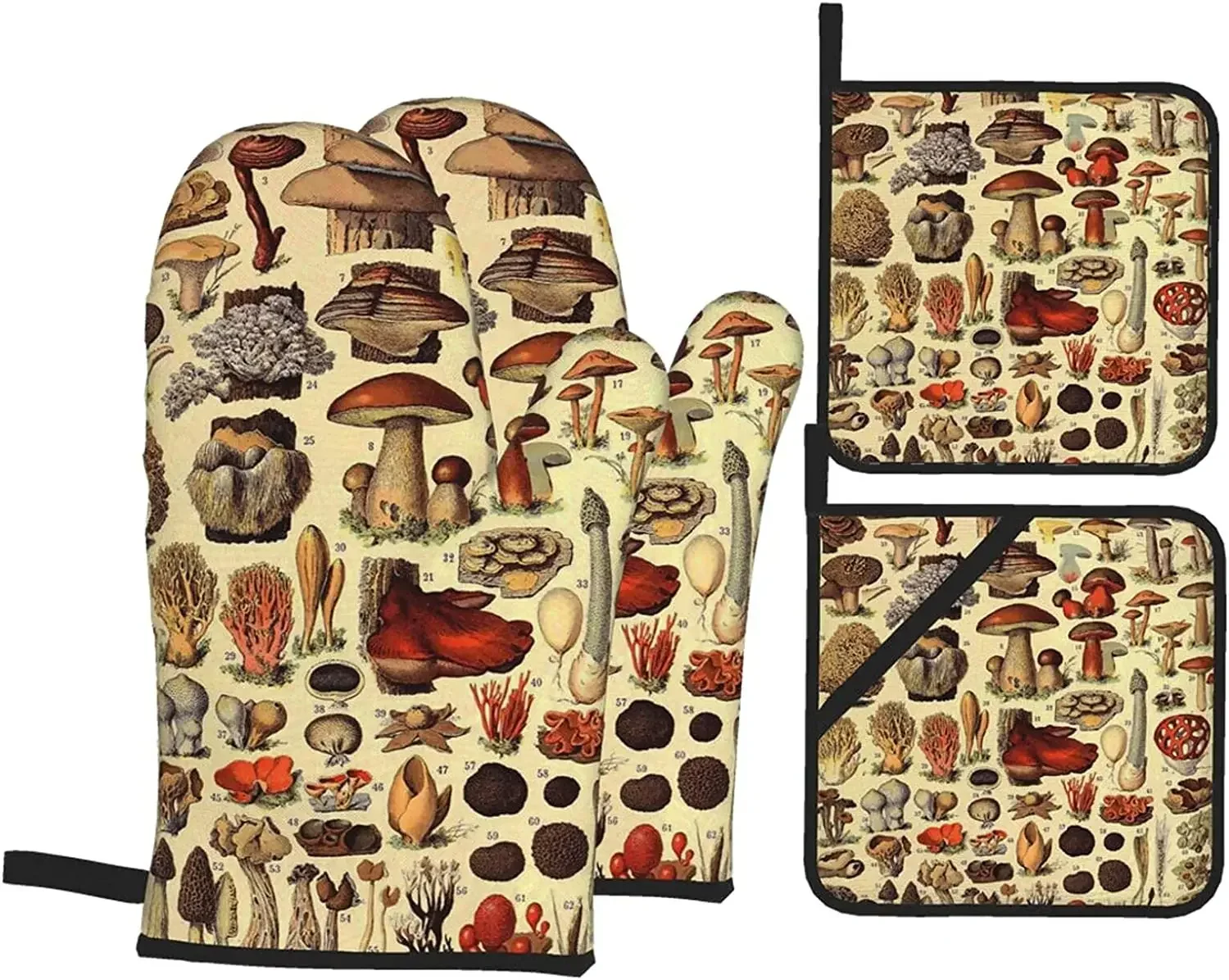 

Mushroom Vintage Art Print Oven Mitts and Pot Holders Sets of 4 Resistant Hot Pads Non-Slip Gloves for Cooking Baking Grilling