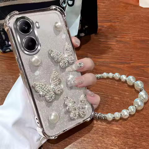 Luxury Pearl Butterfly Bracelet Shockproof Plating Case For Xiaomi Poco X7 X6 F7 Pro M6 F6 X5 X3 POCO C65 C75 Glitter Cover Gift