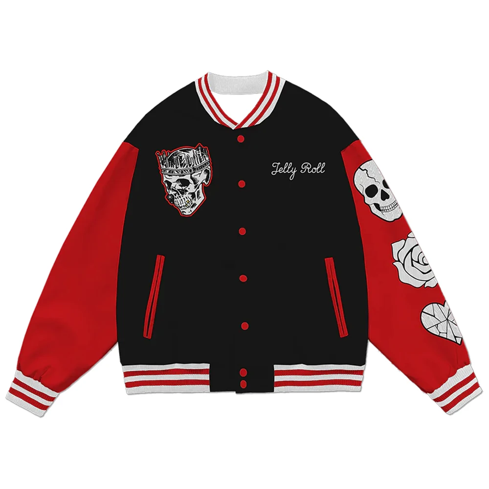 New Jelly Roll Skull Letterman Jacket 2025 Backroad Baptism Tour Merch Baseball Button Uniform Sweatshirt