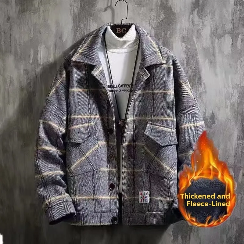 سترة قطنية صوفية سميكة بنقشة مربعات للرجال لفصلي الخريف والشتاء، معطف قطني عصري بياقة عالية وإحساس راقي #4