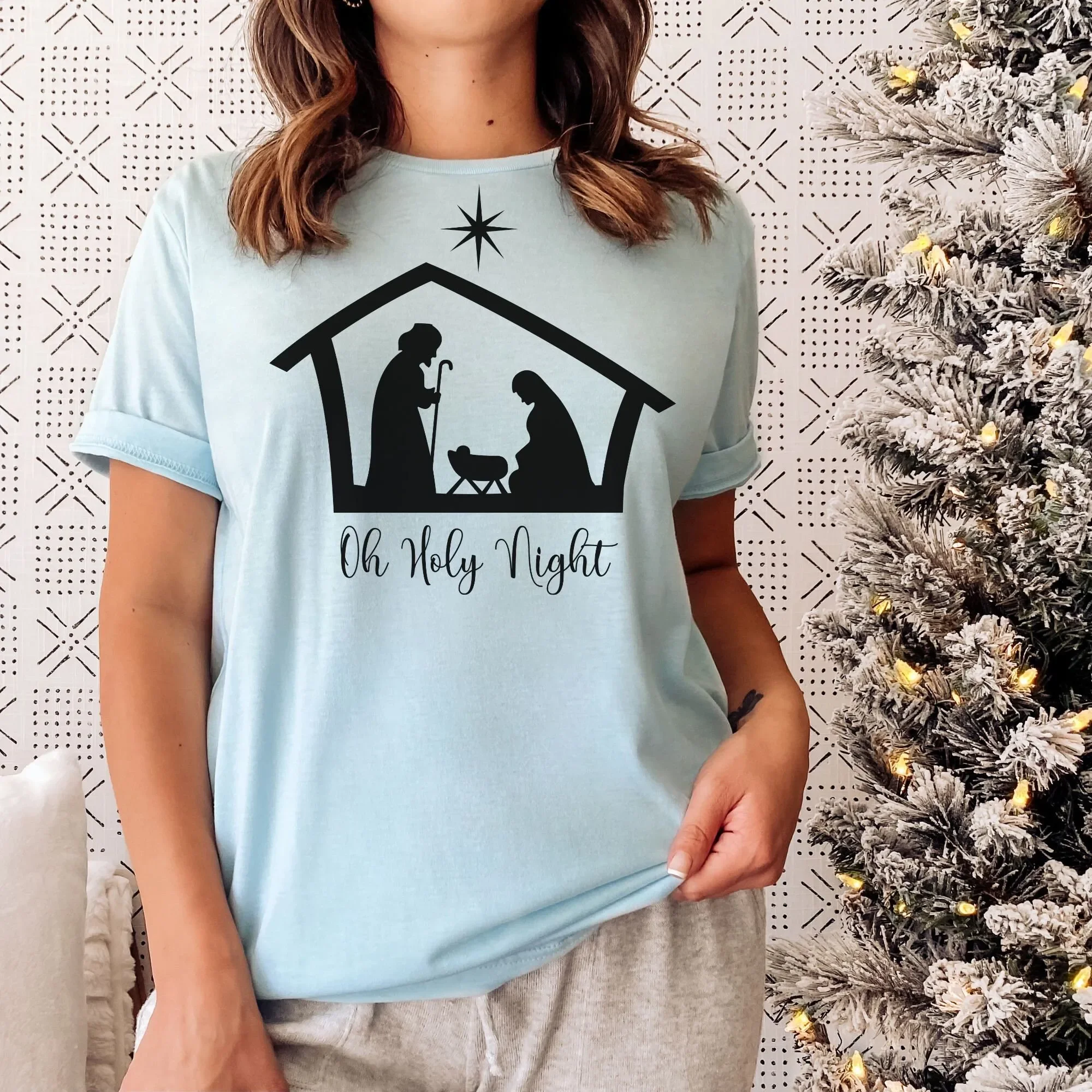 Oh Holy Night T Shirt Merry Christmas Nativity Silhouette Jesus Tee Cute For Holiday Season Mom Gift