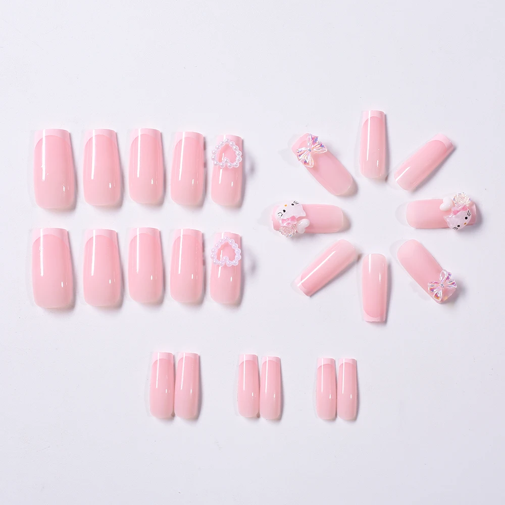 24 قطعة الوردي الفرنسية لطيف الكرتون Hellokitty اضغط على الأظافر متوسطة مربع الأبيض الحب كاميليا مسمار التصحيح هلام مسحوق القوس أظافر وهمية