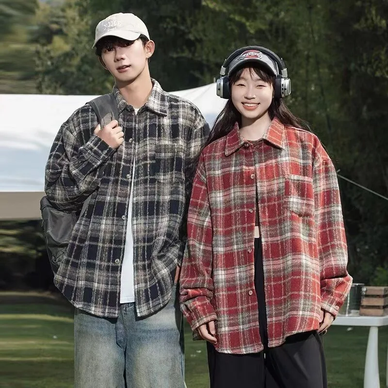 

2025 осень-зима, теплая клетчатая рубашка, мужская свободная рубашка с длинным рукавом в корейском стиле, молодежная рубашка, повседневная уличная одежда, модная удобная посадка