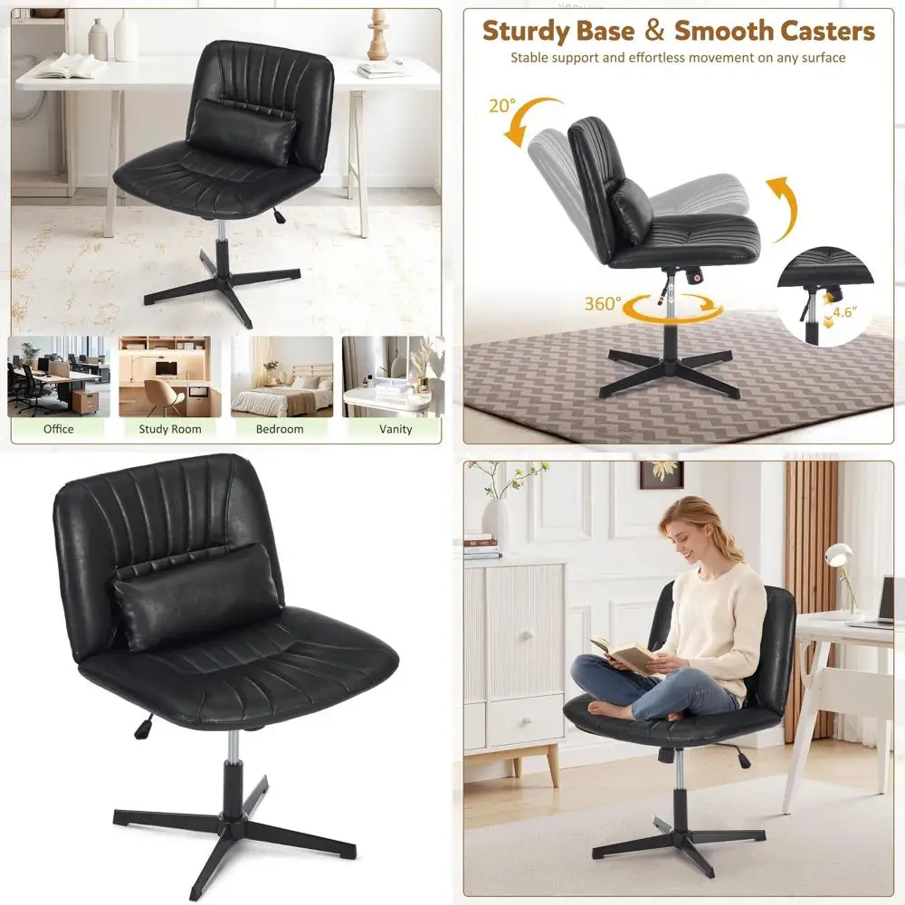 

Adjustable Height Armless Swivel Chair with Lumbar Support for Office, Study, and Small Spaces - Black PU Leather