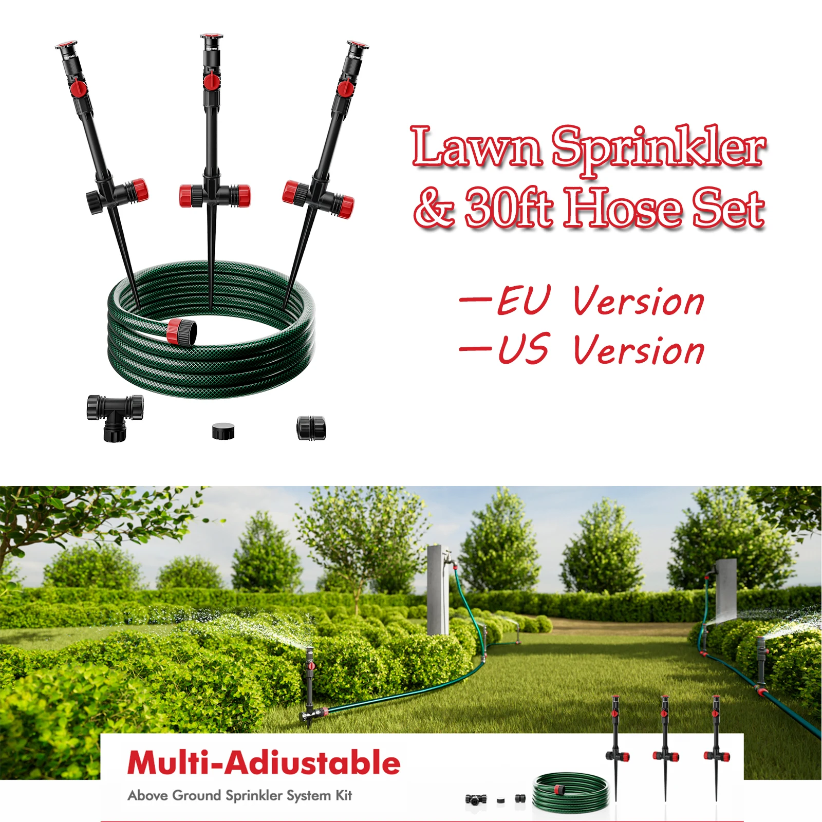 

Multi-Adjustable Lawn Sprinkler Set Above Ground DIY Irrigation Kit with 30ft Garden Hose for Plant and Flower Bed Watering