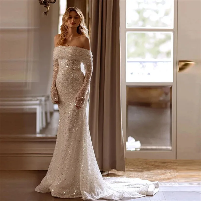 

Customized Simple Champagne Glitter Mermaid Wedding Dresses Deatachable Coat Beading Sequisite Long Sleeves Strapless Bride Gown