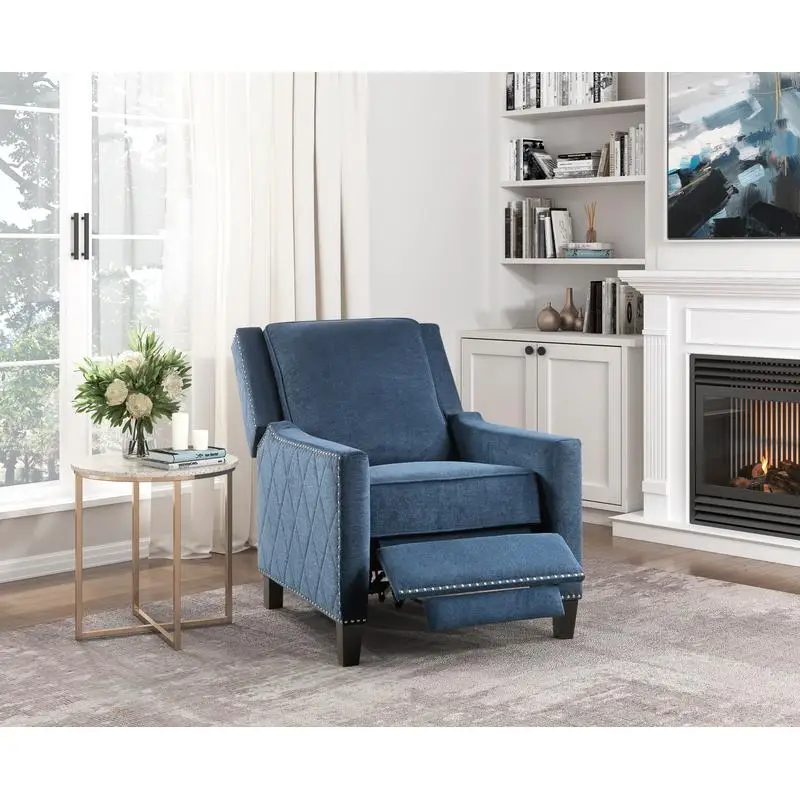 

Стул с откидной спинкой, синяя тканевая обивка, отделка гвоздями, каркас из массива дерева, самооткидывающееся кресло с откидной спинкой, 1 шт.