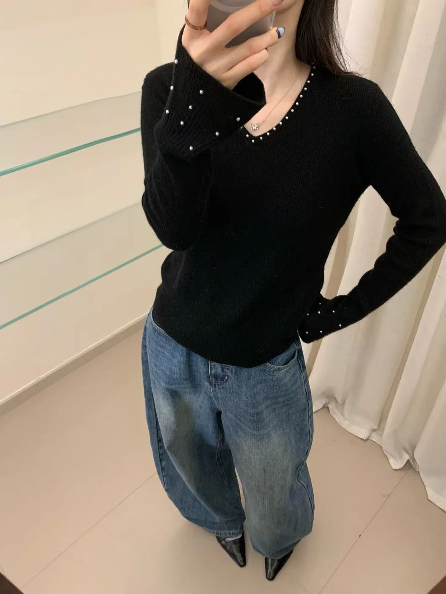 ملابس محبوكة متعددة الاستخدامات بتصميم نحيف، سترة كشمير أنيقة بياقة على شكل V وأكمام طويلة، أزياء شتوية عصرية على الطراز الكو... #1