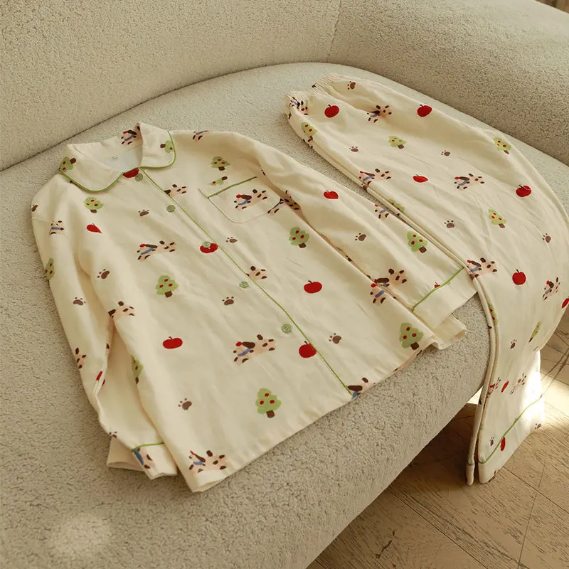 طقم بيجامة عيد الميلاد اللطيف للنساء ملابس نوم دافئة من الفلانيل مع طباعة كاواي بير أبل ملابس شتوية مريحة بأكمام طويلة ملابس منزلية #5