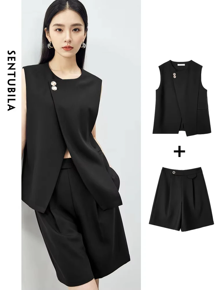 SENTUBILA Black Waistcoat Vest and Shorts Elegant Office Outfits 2 Piece Sets Women 2024 Irregular Woman Clothing 141Z53932