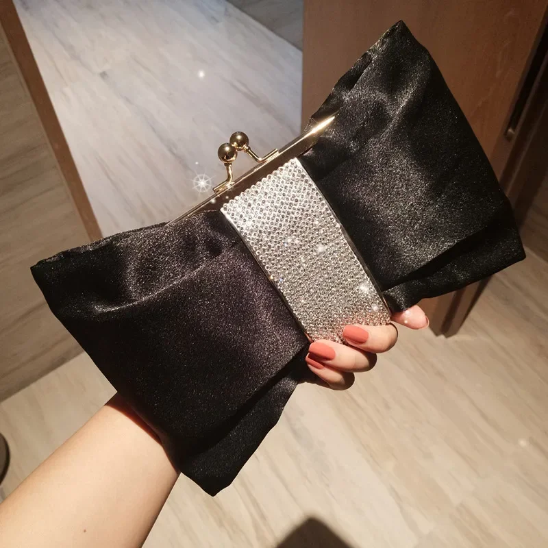 Bow women Cutch bag Luxury Party Satin Diamond Ladies Evening Bag lady Clutches small Chain messenger bags female wallet black