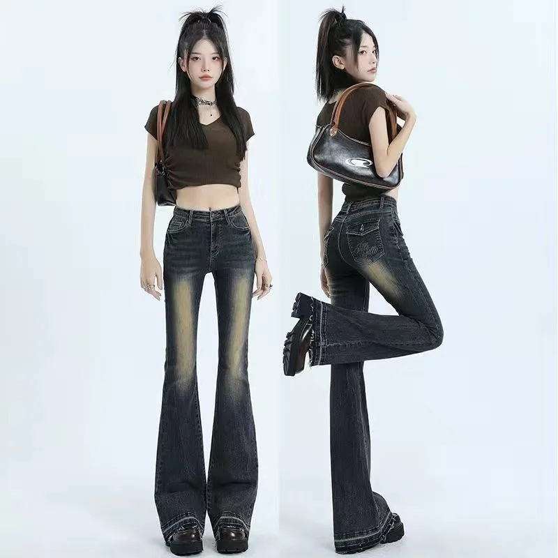 

Retro American Flared Jeans Women's Slim Fit Embroidered High Waist Long Draping Pants Cotton Stretch Denim Autumn New Style