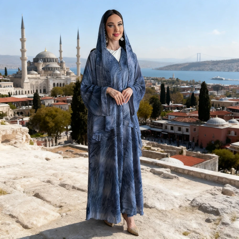 

Ид женский кардиган с принтом Абая, шарф, комплект из 2 предметов, мусульманские платья, Рамадан, Марокко, Дубай, Джалабия, кафтан, Vestidos, арабский длинный халат