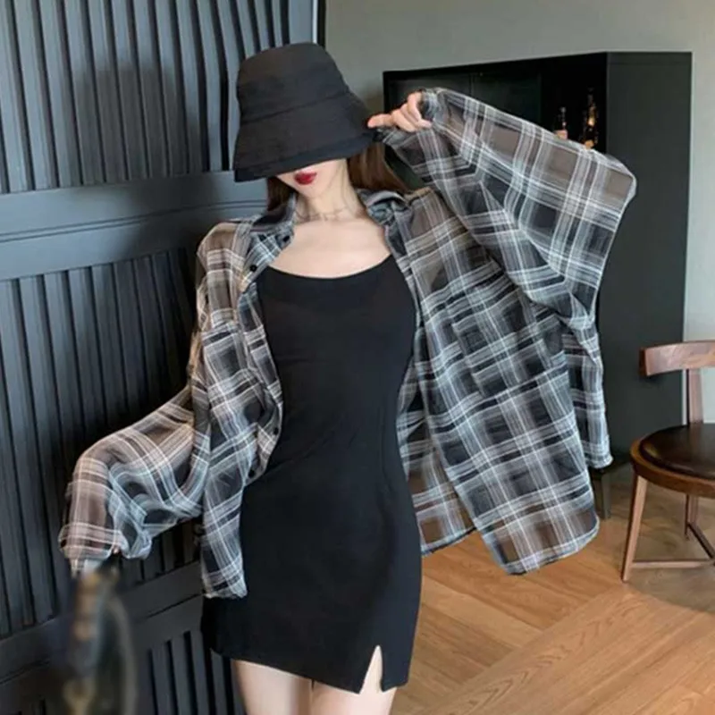 

Summer Vintage Plaid Loose Casual Chiffon Long-Sleeved Sunscreen Shirt Women's All-Match Lazy Style Thin Versatile Cardigan Top
