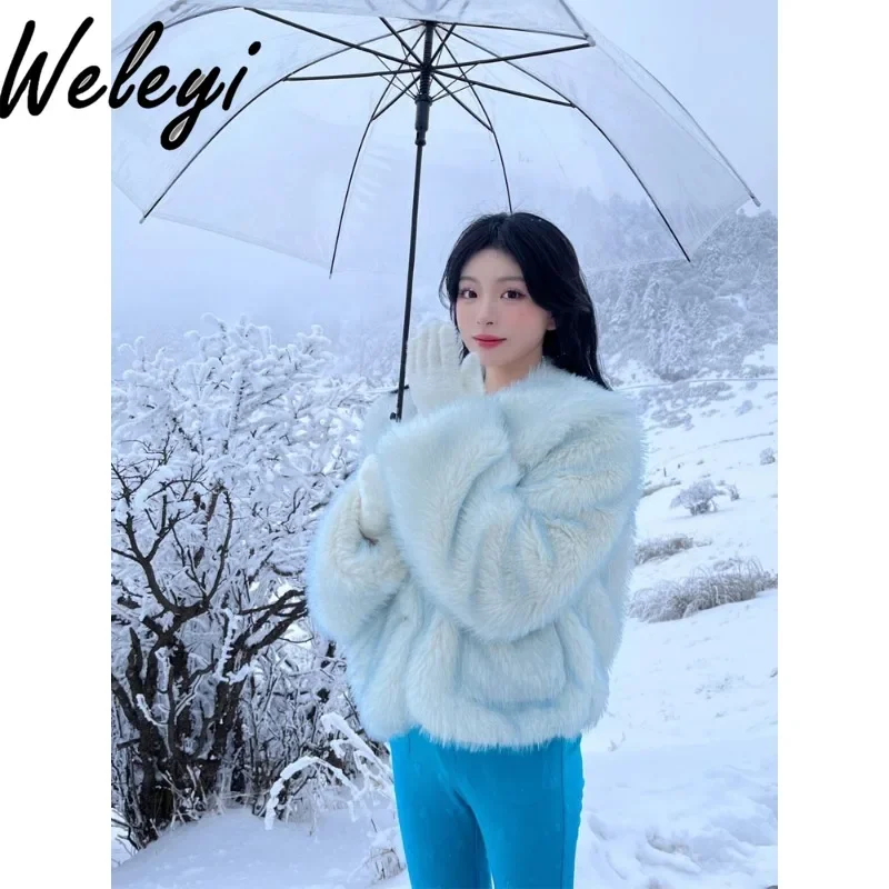 Korean Version Women's Short Overcoat 2024 Winter of Environmentally Friendly Fox Fur  Gradual Change Doll Collar Celebrity Tops