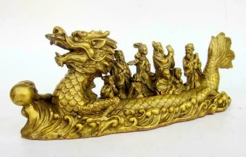 China Folk Brass Auspicious Eight Immortals Across sea By Dragon Boat Statuerew