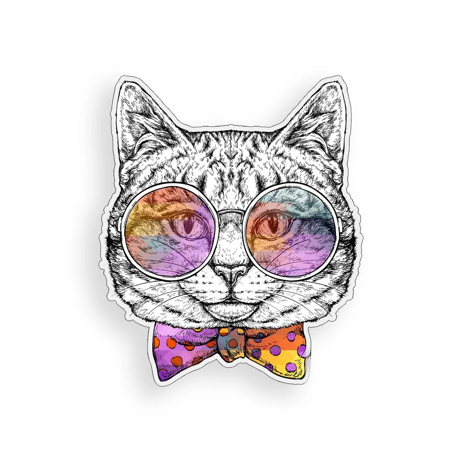 

70115# A Cartoon Cat Wearing a Bow - tie and Glasses Car Sticker, Waterproof Vinyl Material Accessories, Interesting For Cars
