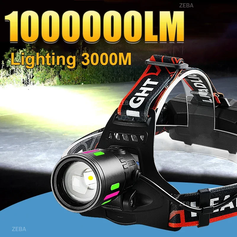 

1000000LM High Power LED Headlamp Rechargeable Lamps Super Bright Headlight 18650 IPX6 Waterproof Outdoor Fishing Camping Light