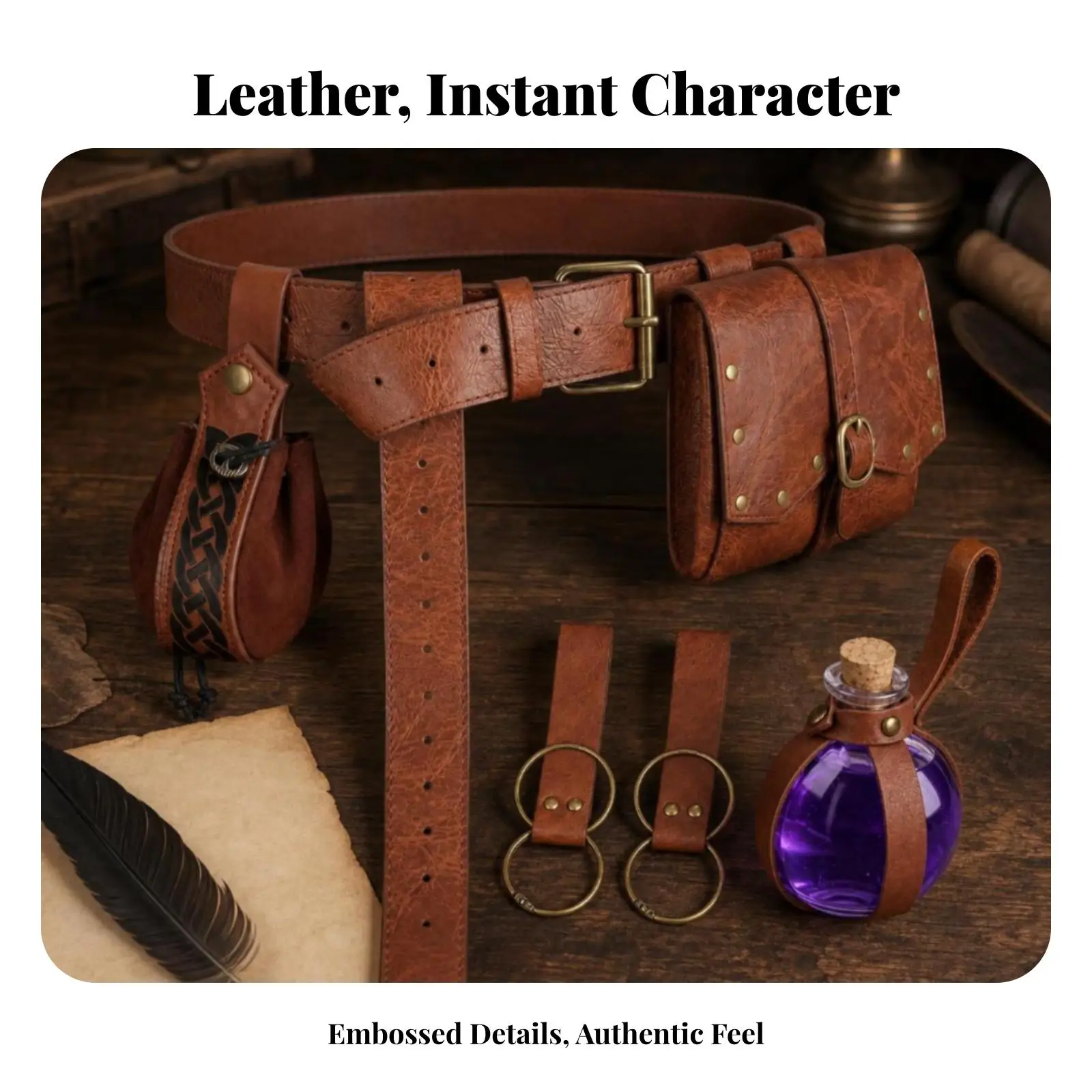 Adjustable Steampunk Belt Pouch Medieval Leather Look Utility Waist Bag for Stage Costume Accessories with Metal Buckle