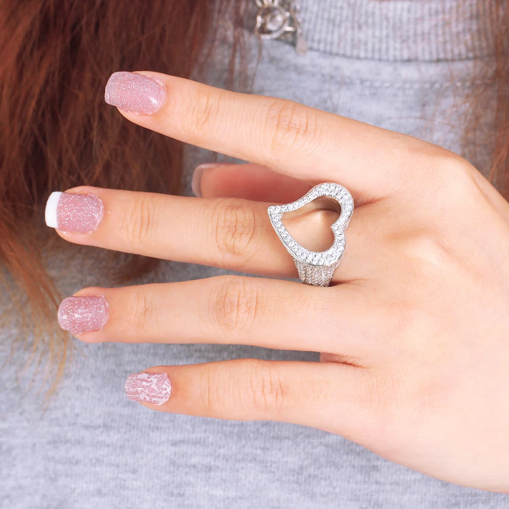 BeaQueen Luxury Full Chunky Micro Cubic Zirconia Big Heart Shape Ring for Women Valentine's Day Ladies Finger Jewelry Gifts R154