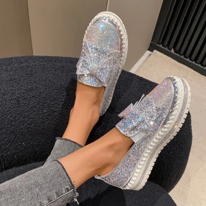 Flats Bling Loafers Women Shoes Platform Casual Luxury Sneakers 2025 Trend Walking Designer Bow Running Shoes Zapatillas Mujer