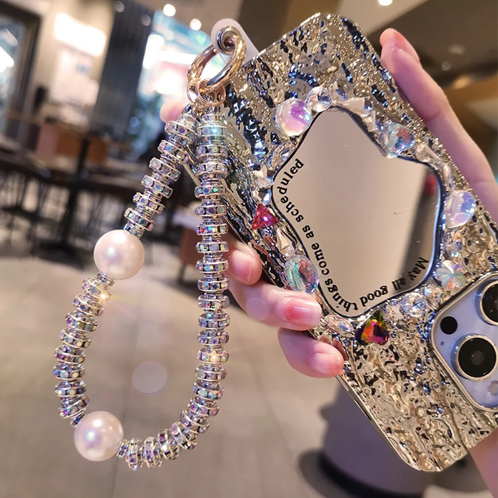 Bracelet Diamond Pearl Beads Crystal Ring Hand Wrist Strap Rhinestone Lanyard for iPhone Huawei Redmi Xiaomi Samsung Phone Charm