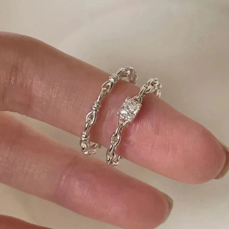 Minimalist Trendy 925 Sterling Silver Opening Adjustable Square Zircon Chain Ring for Woman Jewelry Accessories Gifts Colorfast