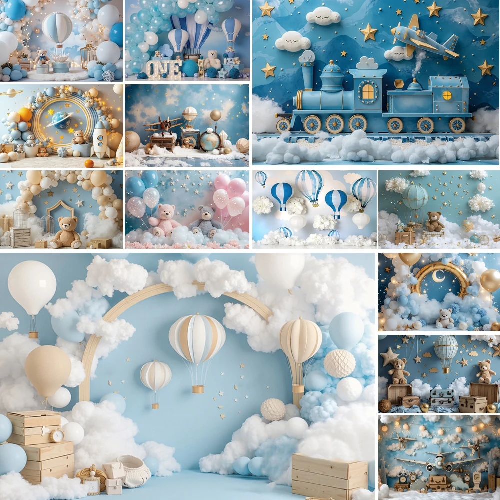 

MOON.QG Newborn Baby Birthday Backdrop Teddy Bear Balloon Blue Background Photozone Photo Studio Photography Poster Accessories