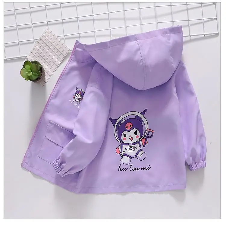 Casaco de manga comprida Sanrioed Kuromi para meninos e meninas, casaco impermeável, roupas infantis, casaco casual, capuz estampado com flores, outwear, moda