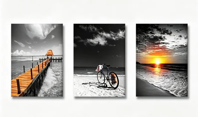 3 Pieces Beach Sunset Canvas Wall Art, Black White Ocean Pier Bicycle Scenery Print For Living Room Home Decor