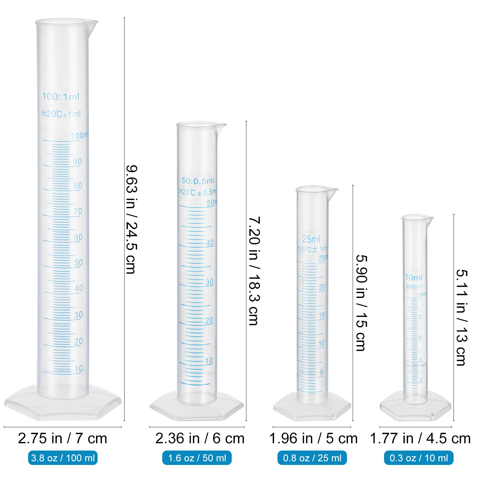 4Pcs Plastic Graduated Measuring Cylinder Set Transparent Food Grade Multipurpose Lab Test Pack 10Ml 25Ml 50Ml 100Ml Stable Roll