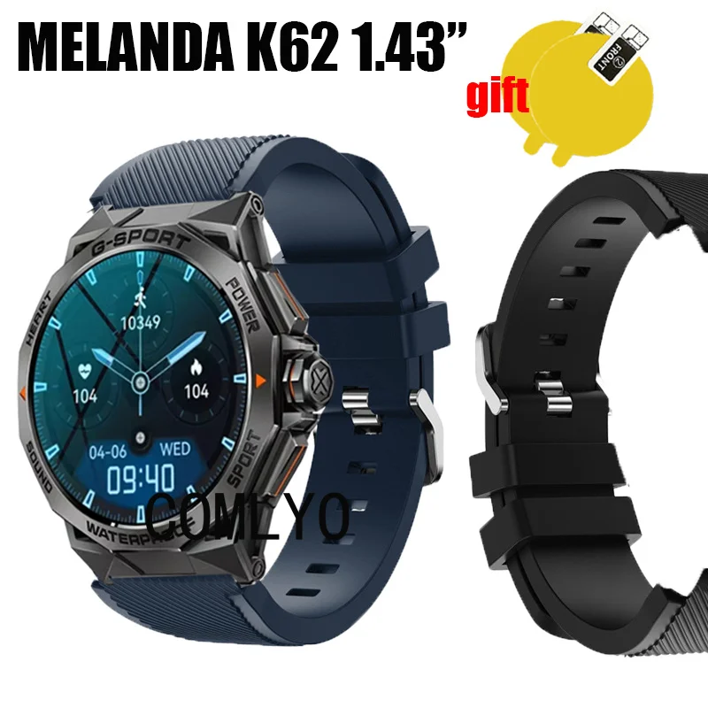 3in1 for MELANDA K62 1.43” Smart Watch Strap Women men Band Silicone Replacement Bracelet Sports Belt Screen Protector Film