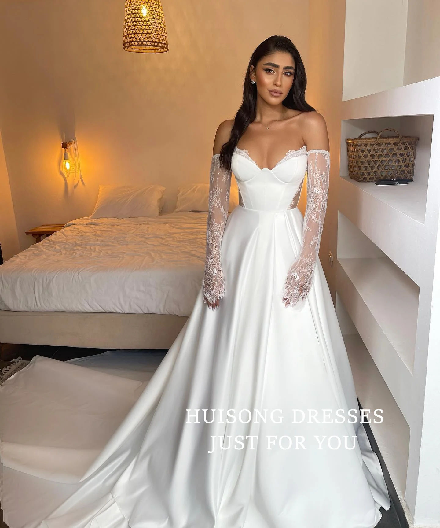 

HUISONG Customized свадебное платье Satin Wedding Dresses Sweetheart Long Sleeves A-Line Beach Bridal Gown שמלת כלה