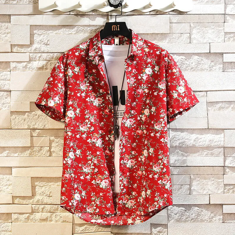 

Men's Cotton Floral Print Shirt Slim Fit Short Sleeve Casual Shirt Lightweight Summer Fashion Square Collar Button down