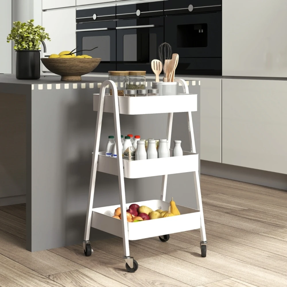 Carrito de servicio de 3 niveles con ruedas y freno, carrito de cocina con estantes, carrito rodante multiusos para cocina, oficina, baño, color blanco