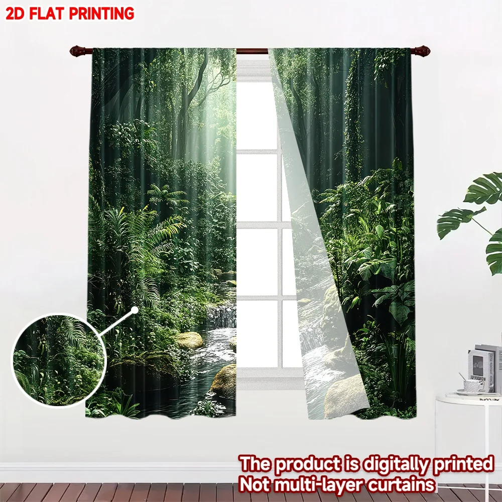 2D flat printing 2pcs Curtains Sunlit Forest Stream Digital Printed Polyester Drapes Festive Curtains Use for Holiday Family