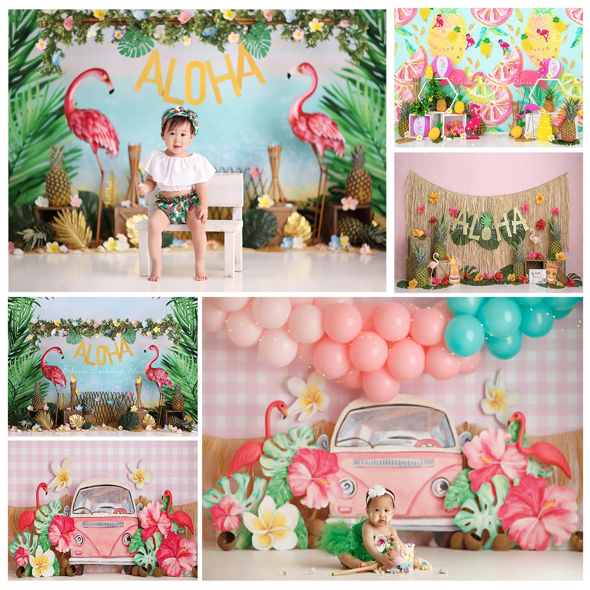 

Aloha Hawaii Photo Background Summer Beach Kids Birthday Cake Smash Photography Backdrop Flamingo Tropical Photo Studio Props