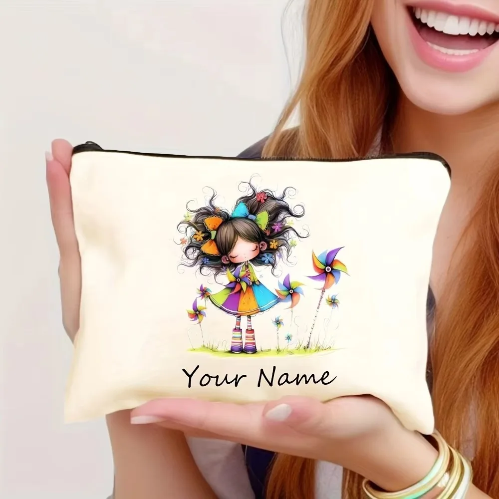 Custom Name Vintage Cute Girl Pattern Makeup Bag Handbag Toiletry Bag Pencil Case Holiday Gift Cosmetic Bag