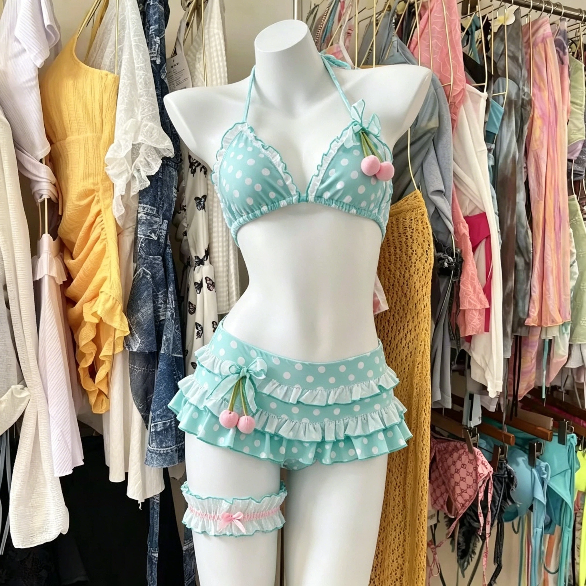Summer Polka Dot Bikini Set Women Top Tiered Skirt Ruffle Bow Kawaii Y2K Cute Japanese Swimwear Swimsuit Beach Holiday Wear
