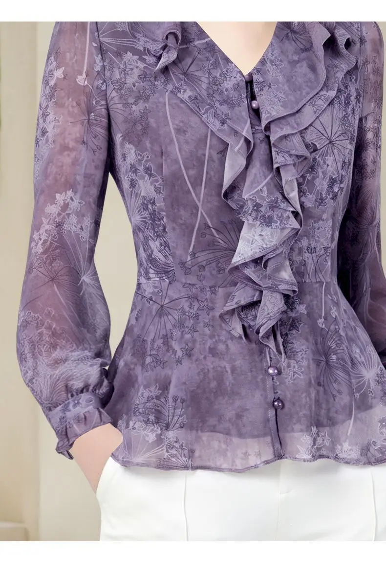 

Summer Chiffon Blouse With Long Sleeve Floral V Neck Elegant Slim Fit Fashion Top XQ242