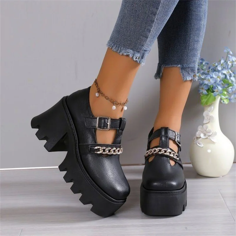 

English style small leather shoe women's autumn new Mary Jane shoes square toe sponge cake thick sole, high heels, single shoes